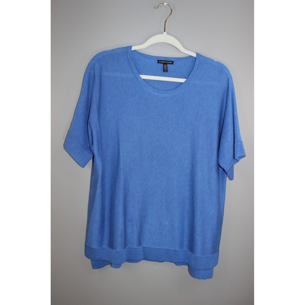Eileen Fisher Knit Top EUC Large Blue Tencel Silk Blend Short Sleeve Crew Neck